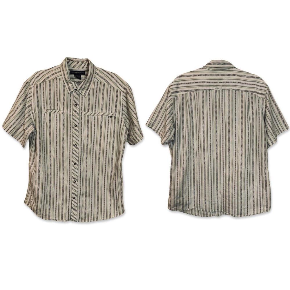 Exofficio Collar Snap Button Zip Pocket Short Sleeve Strip Mens L Grey